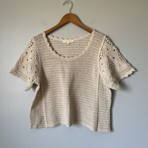 Solitaire Knit Crochet Cottagecore Top Blouse Short Sleeve Beige Women's Large